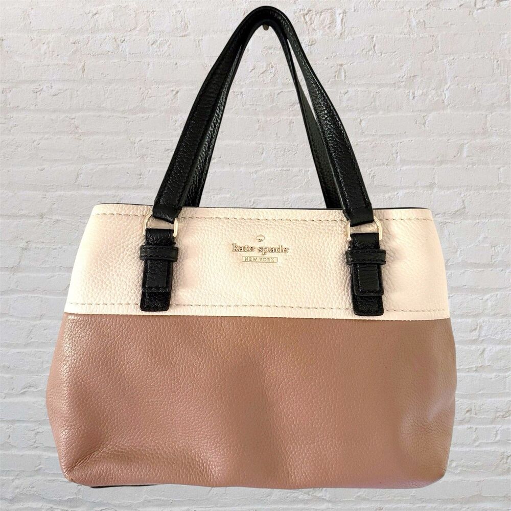 Kate Spade Colorblock Pebbled Leather Tan Brown Beige Black Handbag Purse Bag
